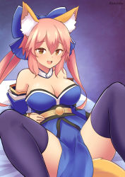 Rule 34 | 1girl, animal ear fluff, animal ears, bare shoulders, black thighhighs, blush, breasts, cleavage, collarbone, commentary request, detached sleeves, fang, fate/extra, fate/extra ccc, fate/grand order, fate (series), fox ears, fox tail, hair ribbon, kazukoto, large breasts, long hair, looking at viewer, lying, open mouth, pink hair, revision, ribbon, solo, spread legs, tail, tamamo (fate), tamamo no mae (fate/extra), teeth, thighhighs, upper teeth only, yellow eyes