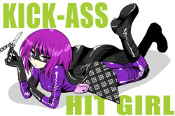 Rule 34 | 1girl, arched back, bob cut, bodysuit, boots, cape, gloves, hit-girl, kick-ass, looking at viewer, mask, plaid, pleated skirt, purple hair, simple background, skirt, solo, white background, wig