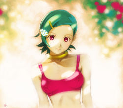 Rule 34 | 00s, 1girl, artist name, bare shoulders, bikini, bikini top only, blurry, blurry background, breasts, choker, closed mouth, collar, collarbone, covered erect nipples, eureka (eureka seven), eureka seven, eureka seven (series), eyebrows, female focus, flower, green hair, hair flower, hair ornament, hairclip, highres, jewelry, kobayashi yuji, looking at viewer, neck ring, outdoors, purple eyes, red bikini, short hair, small breasts, solo, swept bangs, swimsuit, upper body