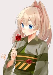 Rule 34 | 1girl, blonde hair, blue eyes, blush, brown background, candy apple, food, high ponytail, holding, holding food, japanese clothes, kantai collection, kimono, long hair, obi, official alternate costume, oriharaizaya819, ponytail, sash, simple background, solo, upper body, victorious (kancolle), wide sleeves, yukata