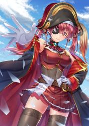 Rule 34 | 1girl, bare shoulders, black coat, blush, breasts, brown thighhighs, buttons, cleavage, closed mouth, cloud, coat, covered navel, day, epaulettes, eyepatch, gloves, gold trim, hair ribbon, hat, highres, hololive, houshou marine, leotard, leotard under clothes, long hair, noro assumed, off shoulder, orange eyes, outdoors, pirate, red hair, red ribbon, ribbon, see-through, see-through cleavage, see-through leotard, skirt, sky, sleeveless, smile, solo, spread fingers, thighhighs, twintails, virtual youtuber