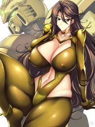 Rule 34 | 1girl, absurdres, artist name, breasts, brown hair, cleavage, covered erect nipples, crossover, g gundam, glowing, glowing eyes, god gundam, green eyes, gundam, gundam 00, haganef, hand in own hair, highres, large breasts, long hair, looking at viewer, mecha, mobile trace suit, navel, parody, robot, sitting, smile, sumeragi lee noriega, thick thighs, thighs, very long hair