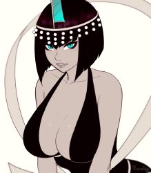 Rule 34 | 1girl, absurdres, blue eyes, bob cut, breasts, dated, eliza (skullgirls), halterneck, headband, highres, inverted bob, large breasts, looking at viewer, parted lips, razalor, signature, simple background, skullgirls, smile, solo, spot color, third-party edit, upper body, white background