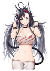 Rule 34 | 1girl, absurdres, ahoge, animal ears, arknights, black choker, black hair, blaze (arknights), blaze (burst feline) (arknights), breasts, camisole, cat ears, cat tail, choker, cleavage, commentary request, cowboy shot, crop top, dodo (yatotoyatoto), grey eyes, grin, groin, halterneck, hands up, headphones, headset, highres, holding, holding own hair, long hair, looking at viewer, medium breasts, midriff, navel, official alternate costume, simple background, smile, solo, standing, stomach, tail, very long hair, white background