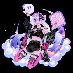 Rule 34 | 1girl, :d, absurdres, black background, bloodypepper, blue hair, camisole, chain, chain necklace, cloud, crescent moon, crop top, dolphin shorts, flame print, garter straps, gradient hair, hairband, heart, heart necklace, heart o-ring, highres, holding, holding pillow, iridescent, jacket, jacket partially removed, jewelry, lolita hairband, long hair, moon, multicolored hair, necklace, open mouth, original, pillow, purple eyes, ring, shorts, sitting, sleep mask, smile, solo, sticker on face, thighhighs, twintails, wariza, white hair