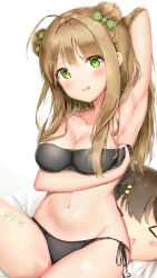 Rule 34 | &gt; &lt;, 1girl, :d, absurdres, ahoge, arm up, armpits, bachibachi (tisen), bikini, black bikini, blush, blush stickers, body writing, bow, breasts, brown hair, character name, collarbone, girls&#039; frontline, green bow, green eyes, hair bow, hair ornament, hairclip, head tilt, highres, k2 (girls&#039; frontline), long hair, looking at viewer, medium breasts, navel, open mouth, parted lips, rfb (girls&#039; frontline), side-tie bikini bottom, sitting, smile, swimsuit, white background
