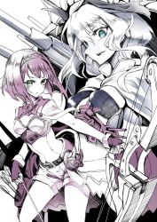 Rule 34 | 2girls, abyssal ship, anchor, ark royal (kancolle), arrow (projectile), belt, blue eyes, blunt bangs, blush, bob cut, breasts, cannon, capelet, cleavage cutout, clothing cutout, commentary request, composite bow, corset, european princess, fingerless gloves, flower, gloves, hair between eyes, hairband, holding, holding arrow, holding weapon, jacket, kantai collection, kito (kito2), long sleeves, looking at viewer, machinery, multiple girls, multiple monochrome, open mouth, overskirt, parted lips, quiver, ribbon, rose, short hair, shorts, smile, teeth, tiara, tsurime, wavy hair, weapon