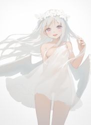 Rule 34 | 1girl, :d, absurdres, areola slip, armlet, breasts, dress, flower wreath, grey hair, hagi (ame hagi), hair censor, hair over breasts, head wreath, highres, long hair, one breast out, open mouth, original, purple eyes, see-through silhouette, sidelocks, simple background, small breasts, smile, solo, very long hair, white dress, wings