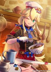 Rule 34 | 1girl, blonde hair, chocolate, clarissa arwin, fireplace, gloves, green eyes, hat, long hair, official art, one eye closed, smile, sparkle, table, tetsukuzu tetsuko, very long hair, white gloves, wild arms, wild arms xf