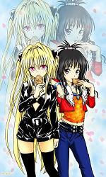 Rule 34 | 00s, 2girls, belt, black bra, black hair, black legwear, blonde hair, blue sky, blush, bra, bracelet, breasts, brown eyes, buttons, camisole, casual, cherry blossoms, cloud, cloudy sky, colorized, comic, cropped jacket, cross, cross necklace, denim, detexted, eating, flat chest, food, fur trim, goth fashion, hair between eyes, hair bobbles, hair intakes, hair ornament, high collar, holding, jacket, jeans, jewelry, konjiki no yami, leather, leather jacket, long hair, long sleeves, looking at viewer, lowres, midriff, multiple belts, multiple girls, navel, necklace, non-web source, official art, open clothes, open jacket, open shirt, outline, pants, pendant, petals, red eyes, scan, shiny clothes, shirt, short shorts, shorts, sidelocks, signature, sky, small breasts, standing, studded belt, taiyaki, thighhighs, third-party edit, to love-ru, topknot, twintails, two side up, underwear, very long hair, wagashi, wavy hair, white background, yabuki kentarou, yuuki mikan, zettai ryouiki, zoom layer