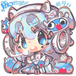 Rule 34 | 1girl, :d, animal ear headphones, blue eyes, blue hair, blue neckerchief, blush stickers, chibi, dated, fake animal ears, goddess of victory: nikke, headphones, headset, jrpencil, long hair, neckerchief, open mouth, shifty (nikke), signature, smile, solo