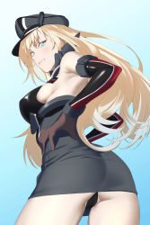 Rule 34 | 1girl, ass, bad anatomy, bad perspective, bare shoulders, bismarck (kancolle), black panties, blonde hair, blue background, blue eyes, blush, breasts, brown gloves, closed mouth, cowboy shot, detached sleeves, gloves, grey hat, hat, highres, kantai collection, large breasts, lips, long hair, military, military hat, military uniform, panties, peaked cap, shingyou (alexander-13), smile, solo, underwear, uniform