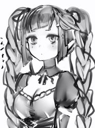 1girl, blush, braid, breasts, cleavage, closed mouth, copyright request, dress, greyscale, hair ornament, hairclip, highres, jitome, juliet sleeves, large breasts, long hair, long sleeves, looking at viewer, monochrome, nanashi (nlo), planet hair ornament, puffy sleeves, simple background, solo, twin braids, upper body, white background