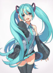 Rule 34 | 1girl, aqua eyes, aqua hair, aqua necktie, black thighhighs, boots, commentary request, detached sleeves, hatsune miku, headphones, headset, long hair, looking at viewer, mitsuyo (mituyo324), necktie, simple background, skirt, sleeveless, solo, thigh boots, thighhighs, twintails, very long hair, vocaloid, white background