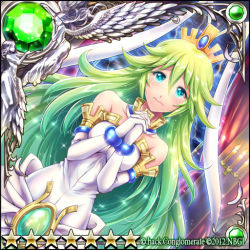 Rule 34 | .hack//, 1girl, aika (guilty dragon), angel, bare shoulders, blue eyes, choker, closed mouth, crown, dress, dutch angle, elbow gloves, frown, gem, gloves, green hair, guilty dragon, own hands clasped, kazura enji, long hair, looking at viewer, own hands together, solo, star-shaped pupils, star (symbol), symbol-shaped pupils, white dress, white gloves, wings