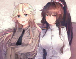 Rule 34 | 2girls, alternate costume, belt, blonde hair, breasts, brown eyes, brown hair, collared vest, crossed arms, gloves, grey eyes, himeyamato, iowa (kancolle), kantai collection, large breasts, long hair, military, military uniform, multiple girls, naval uniform, star-shaped pupils, star (symbol), symbol-shaped pupils, uniform, vest, yamato (kancolle)