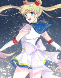 Rule 34 | 1girl, :d, bishoujo senshi sailor moon, blonde hair, blue eyes, blue sailor collar, bow, circlet, cowboy shot, double bun, elbow gloves, floating hair, gloves, hair ornament, hairclip, hiki-wota, long hair, looking at viewer, looking back, multicolored clothes, multicolored skirt, open mouth, sailor collar, sailor moon, see-through, skirt, smile, solo, super sailor moon, tsukino usagi, twintails, white gloves, white skirt