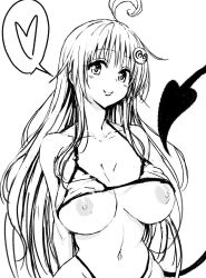 Rule 34 | 1girl, absurdres, ahoge, bare shoulders, bikini, breasts, breasts out, collarbone, curvy, female focus, fuchitoro, hair ornament, heart, highres, lala satalin deviluke, large breasts, linea alba, long hair, looking at viewer, monochrome, nipples, smile, solo, spoken heart, swimsuit, tail, to love-ru, very long hair, wide hips