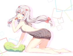 Rule 34 | 10s, 1girl, ass, backless dress, backless outfit, banxuan c2ka, bare back, barefoot, blue eyes, bow, breasts, brown sweater, dress, eromanga sensei, food, fruit, hair bow, izumi sagiri, kneeling, legs, long hair, looking at viewer, meme attire, naked sweater, open mouth, pink bow, sideboob, silver hair, solo, strawberry, stuffed animal, stuffed octopus, stuffed toy, sweater, sweater dress, virgin killer sweater