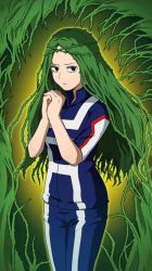 Rule 34 | 10s, 1girl, artist request, boku no hero academia, breasts, facing viewer, green eyes, green hair, hands up, highres, jacket, long hair, looking at viewer, matching hair/eyes, own hands together, pants, parted lips, plant, shiozaki ibara, solo, standing, track suit, track uniform, vines