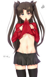 Rule 34 | 1girl, black skirt, black thighhighs, blue eyes, breasts, brown hair, clothes lift, fate/stay night, fate (series), hair ribbon, long hair, mouth hold, navel, ribbon, shirt lift, simple background, skirt, small breasts, solo, stomach, suurin (ksyaro), thighhighs, tohsaka rin, twintails, two side up, underboob, white background, zettai ryouiki