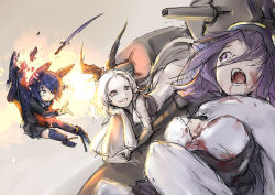 Rule 34 | 10s, 3girls, armored aircraft carrier oni, ass, bent over, black skirt, blood, blood in mouth, blood on face, blood on clothes, colored skin, crop top, damaged, defeat, ebizome, eyepatch, firing, halo, head rest, headgear, kantai collection, long hair, machinery, mechanical halo, multiple girls, open mouth, ponytail, purple eyes, purple hair, red eyes, school uniform, serafuku, short hair, shouting, sketch, skirt, smile, smug, sword, tatsuta (kancolle), tenryuu (kancolle), thighhighs, torn clothes, turret, very long hair, weapon, white hair, white skin, wide-eyed, yellow eyes