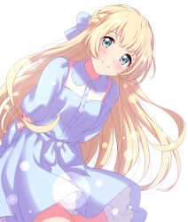 Rule 34 | 1girl, absurdres, aikatsu! (series), aikatsu stars!, arms behind back, blonde hair, blue bow, blue dress, blue eyes, blush, bow, closed mouth, dot nose, dress, hair bow, head tilt, highres, leaning to the side, long hair, long sleeves, looking at viewer, sekina, shiratori hime, simple background, smile, solo, white background
