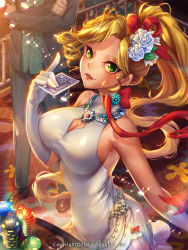 Rule 34 | 1girl, bare shoulders, blonde hair, breasts, card, casino, cleavage, cleavage cutout, clothing cutout, dress, furyou michi ~gang road~, green eyes, hair ornament, hair ribbon, large breasts, long hair, looking at viewer, official art, open mouth, original, ponytail, ribbon, smile, solo focus, white dress, wooju