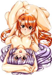 Rule 34 | 2girls, :d, ass, asymmetrical bangs, asymmetrical docking, barefoot, blush, breast press, breasts, breasts apart, brown eyes, crossed arms, dimples of venus, feet, girl on top, hair spread out, hairband, highres, large breasts, long hair, looking at viewer, lying, multiple girls, nipples, nude, on back, on stomach, open mouth, orange eyes, orange hair, parted bangs, puffy nipples, purple hair, scan, shiny skin, simple background, smile, urushihara satoshi, very long hair, white background, yuri