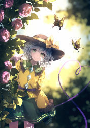 Rule 34 | 1girl, black hat, blouse, bow, bug, bush, butterfly, closed mouth, crystal, dise (psychoro), duplicate, flower, green eyes, green skirt, hair between eyes, hat, highres, insect, komeiji koishi, leaf, long sleeves, pink flower, pixel-perfect duplicate, shirt, short hair, silver hair, skirt, smile, solo, standing, sunlight, touhou, yellow bow, yellow shirt, yellow sleeves