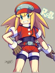 Rule 34 | 1girl, belt, bike shorts, blonde hair, blush, bodystocking, brown gloves, cabbie hat, capcom, character name, clenched teeth, cowboy shot, female focus, gloves, green eyes, grey background, grin, hand on own hip, hat, holding, iroyopon, legs, long hair, looking at viewer, mega man (series), mega man legends (series), open mouth, red shirt, red shorts, roll caskett (mega man), shirt, shorts, simple background, smile, solo, standing, teeth, tools, wrench