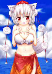 Rule 34 | 1girl, alternate costume, animal ears, bare shoulders, bikini, blue sky, blush, cloud, day, female focus, hands on own chest, hat, highres, inubashiri momiji, leaf, looking at viewer, maple leaf, navel, ocean, oohirakeisuke, open mouth, red eyes, sarong, short hair, silver hair, skirt, sky, smile, solo, swimsuit, tail, tokin hat, touhou, upper body, white bikini, wolf ears, wolf tail