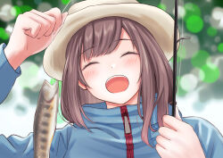 Rule 34 | 1girl, :d, absurdres, blue jacket, blurry, blurry background, blush, brown hair, day, facing viewer, fish, fishing rod, hat, highres, idolmaster, idolmaster shiny colors, jacket, long sleeves, open mouth, outdoors, smile, solo, tsukioka kogane, tukumo insider, upper body, zipper