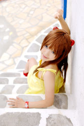 Rule 34 | 1girl, asian, bare legs, blue eyes, breasts, choker, color contacts, cosplay, dress, hairpods, kipi-san, long hair, looking at viewer, looking back, neon genesis evangelion, orange hair, outdoors, petite, photo (medium), red footwear, short dress, sitting, small breasts, solo, souryuu asuka langley, souryuu asuka langley (cosplay), sundress, two side up