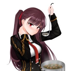 Rule 34 | 1girl, black dress, blush, braid, breasts, closed mouth, dress, french braid, girls&#039; frontline, hair ribbon, hand on own neck, holding, holding ladle, ladle, long hair, long sleeves, looking at viewer, medium breasts, necktie, paaam, purple hair, red eyes, red necktie, red ribbon, ribbon, side ponytail, solo, upper body, wa2000 (girls&#039; frontline), white background