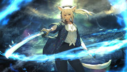 Rule 34 | 1girl, animal ears, warrior of light (ff14), bow, cat ears, cat tail, choker, earrings, facial mark, final fantasy, final fantasy xiv, hair bow, heterochromia, hide (hideout), highres, holding, holding sheath, holding sword, holding weapon, jewelry, katana, long hair, looking at viewer, miqo&#039;te, ponytail, samurai (final fantasy), scabbard, sheath, solo, sword, tail, weapon, whisker markings, white hair