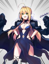 Rule 34 | 1girl, :d, ahoge, artoria pendragon (all), artoria pendragon (fate), bad id, bad pixiv id, blonde hair, bow, breasts, choker, cleavage, commentary request, cosplay, dress, emphasis lines, eyes visible through hair, fate/grand order, fate (series), gloves, green eyes, grey background, hair between eyes, hair bow, hair intakes, halterneck, hand on own hip, hands on own hips, hip vent, jacket, jacket on shoulders, legs apart, long hair, nero claudius (fate), nero claudius (fate) (all), nero claudius (fate/extra), open mouth, qiang jiyu, saber alter, saber alter (cosplay), smile, solo, standing, tagme, twitter username, white background