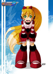 Rule 34 | 1girl, blonde hair, boots, call (mighty no. 9), call f, copyright name, dress, green eyes, hands on thighs, khaliqa, khaliqa bell, knee boots, leaning forward, long hair, mighty no. 9, multicolored eyes, ponytail, robot, robot ears, signature, smile, solo, striped, striped sleeves, very long hair