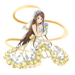 Rule 34 | 1girl, blue eyes, blue flower, breasts, bridal veil, brown hair, cleavage, collarbone, dress, flower, hair flower, hair ornament, head wreath, highres, holding, holding flower, jewelry, kneeling, layered dress, long dress, long hair, medium breasts, necklace, official art, open mouth, pantyhose, parted bangs, sidelocks, single hair intake, sleeveless, sleeveless dress, solo, sortiliena serlut, strapless, strapless dress, sword art online, sword art online: memory defrag, transparent background, veil, very long hair, wedding dress, white dress, white pantyhose
