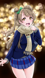 Rule 34 | :d, bag, beige scarf, blue jacket, blue skirt, blunt bangs, blurry, blurry background, blush, bow, brown bow, green bow, hair bow, highres, jacket, light particles, long sleeves, looking at viewer, love live!, love live! school idol project, minami kotori, night, open mouth, pleated skirt, scarf, school bag, school uniform, side ponytail, skirt, smile, solo, teeth, upper teeth only, yellow eyes, yopparai oni