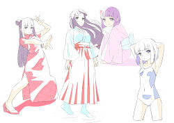 Rule 34 | 1girl, aged down, alternate costume, arms up, bob cut, breasts, china dress, chinese clothes, double bun, dress, expressionless, fern (sousou no frieren), full body, hair bun, high heels, highres, japanese clothes, kimono, looking at viewer, miko, multiple views, one-piece swimsuit, papiyon1297, purple eyes, purple hair, short hair, sitting, small breasts, smile, sousou no frieren, swimsuit