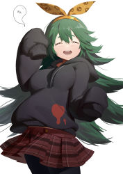 Rule 34 | 1girl, :d, absurdres, ameli (girls&#039; frontline), big hair, black hoodie, black pantyhose, bow, breasts, closed eyes, facing viewer, girls&#039; frontline, green hair, hair bow, hairband, hand up, highres, hood, hoodie, large breasts, long hair, open mouth, pantyhose, pleated skirt, red skirt, simple background, skirt, sleeves past fingers, sleeves past wrists, smile, solo, standing, waterkuma, white background, yellow bow