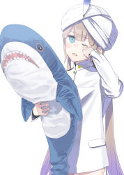 Rule 34 | 1other, androgynous, bigur, blonde hair, blue eyes, blue hair, blush, brown hair, captain nemo (fate), dress, fate/grand order, fate (series), gradient hair, ikea shark, long sleeves, looking at viewer, multicolored hair, nemo (fate), one eye closed, open mouth, sailor dress, solo, stuffed animal, stuffed shark, stuffed toy, turban