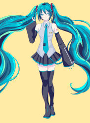 Rule 34 | 1girl, absurdly long hair, absurdres, anniversary, aqua eyes, aqua hair, aqua nails, aqua necktie, artist name, artist request, bare shoulders, black footwear, black skirt, black sleeves, black thighhighs, blue eyes, blue hair, blue nail polish, blue nails, blue necktie, boots, breasts, collarbone, collared shirt, detached sleeves, female focus, frilled shirt collar, frills, full body, hair between eyes, hair ornament, hatsune miku, headphones, headset, highres, long hair, looking at viewer, microphone, miniskirt, nail, nail polish, necktie, number tattoo, parted lips, pleated skirt, rindou kanna, shirt, shoulder tattoo, skirt, sleeveless, sleeveless shirt, sleeves past wrists, small breasts, smile, solo, tattoo, thigh boots, thighhighs, tie clip, twintails, very long hair, vocaloid, white shirt, wide sleeves, wing collar, yellow background, zettai ryouiki