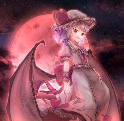 Rule 34 | 1girl, ascot, aura, backlighting, bad id, bad twitter id, bat wings, brooch, cloud, floating, frilled shirt, frilled shirt collar, frilled skirt, frills, from side, full moon, hand on own thigh, hat, hat ribbon, jewelry, looking at viewer, looking down, minust, mob cap, moon, moonlight, night, night sky, pointy ears, purple hair, red eyes, red moon, remilia scarlet, ribbon, ribbon-trimmed skirt, ribbon trim, shirt, short hair, skirt, sky, slit pupils, smile, solo, star (sky), touhou, transparent wings, wings, wrist cuffs