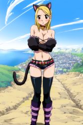 Rule 34 | 1girl, animal ears, animal hands, bare shoulders, bell, black gloves, black thighhighs, blonde hair, blush, boots, breasts, brown eyes, cat ears, cat girl, cat tail, cleavage, collar, crossed arms, elbow gloves, fairy tail, female focus, gloves, highres, large breasts, long hair, lucy heartfilia, midriff, nature, neck bell, outdoors, paw gloves, plant, short shorts, shorts, sky, solo, stitched, tail, thighhighs, third-party edit