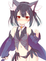 Rule 34 | 1girl, animal ear fluff, animal ears, bare shoulders, bell, black hair, black panties, blush, brown eyes, cat ears, closed mouth, collarbone, commentary request, detached sleeves, fake animal ears, fate/kaleid liner prisma illya, fate (series), grey hairband, grey shirt, hair between eyes, hair ribbon, hairband, hand up, highres, holding, jingle bell, long sleeves, looking at viewer, miyu edelfelt, navel, nose blush, panties, purple sleeves, ribbon, shirt, sidelocks, simple background, sketch, sleeveless, sleeveless shirt, sleeves past wrists, solo, twintails, underwear, white background, white ribbon, yuku (kiollion)