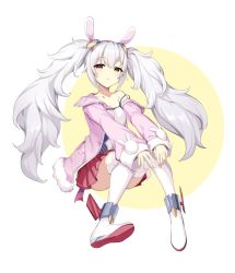Rule 34 | 1girl, animal ears, azur lane, camisole, commentary, fake animal ears, full body, fur-trimmed jacket, fur trim, hair between eyes, hairband, highres, icomochi, jacket, laffey (azur lane), long hair, long sleeves, looking at viewer, off shoulder, open clothes, open jacket, parted lips, pink jacket, pleated skirt, rabbit ears, red eyes, red hairband, red skirt, silver hair, simple background, sitting, skirt, sleeves past wrists, solo, strap slip, twintails, white background, white legwear