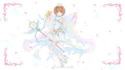 Rule 34 | 1girl, back bow, blue footwear, bow, brown hair, card, cardcaptor sakura, chinese commentary, clear card, commentary request, crown, dress, feather-trimmed gloves, feather dress, ferret, full body, gloves, green eyes, high heels, highres, holding, holding card, holding staff, huge bow, kero (cardcaptor sakura), kinomoto sakura, looking at viewer, magical girl, mioda xi, open mouth, petals, picture frame, rainbow bow, see-through bow, short dress, short hair with long locks, simple background, sleeveless, sleeveless dress, smile, solo, space, sparkle, staff, star (symbol), watermark, weibo logo, weibo watermark, white background, white dress, white gloves, white headwear