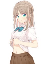 Rule 34 | 1girl, :o, blue bow, blue eyes, blush, bow, braid, breasts, brown hair, brown skirt, clothes lift, collared shirt, dress shirt, gradient eyes, green eyes, highres, lifted by self, long hair, looking at viewer, maigoyaki, multicolored eyes, multicolored hair, navel, original, parted lips, pink hair, pleated skirt, shirt, shirt lift, short sleeves, simple background, skirt, small breasts, solo, stomach, two-tone hair, white background, white shirt